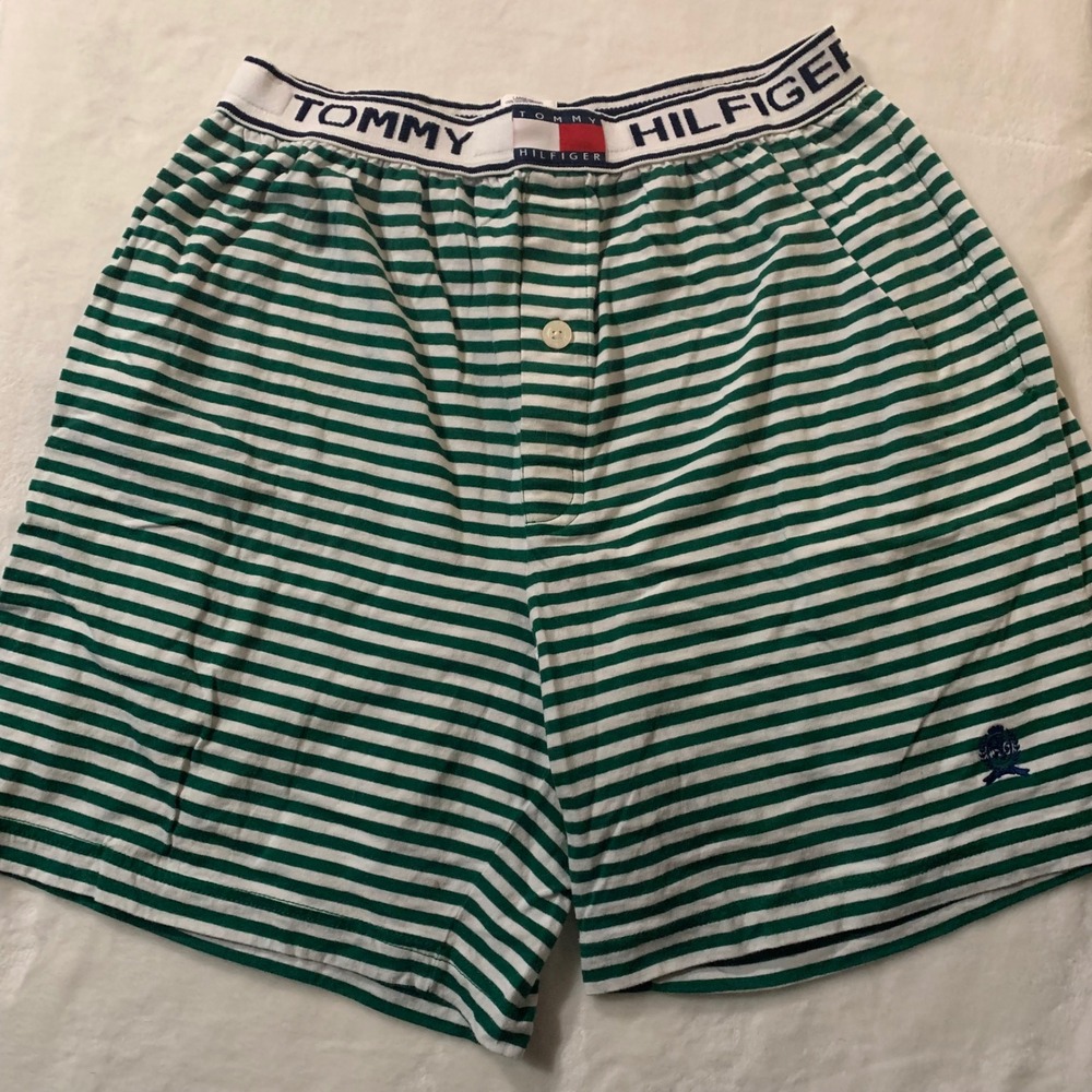 Vtg NWOT Tommy Hilfiger Mens L Green White Stripe Boxer Shorts Cotton Button Fly